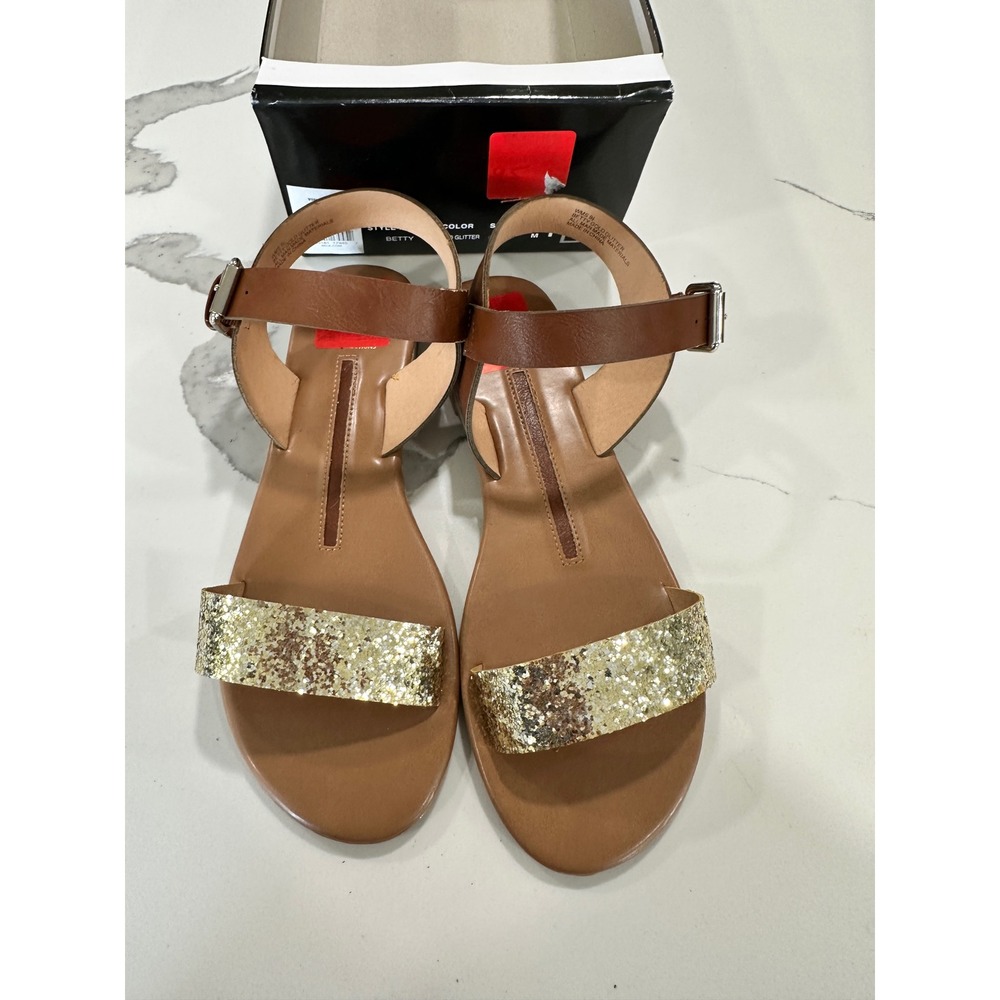 New Directions Betty Gold Glitter Ankle Strap Flat Sandals‎ Womens 9.5 Brown